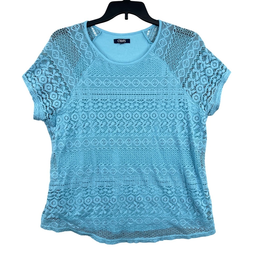 Chaps Crochet Lace Overlay Coastal Top L Blue Short Sleeve Pastel Cottagecore